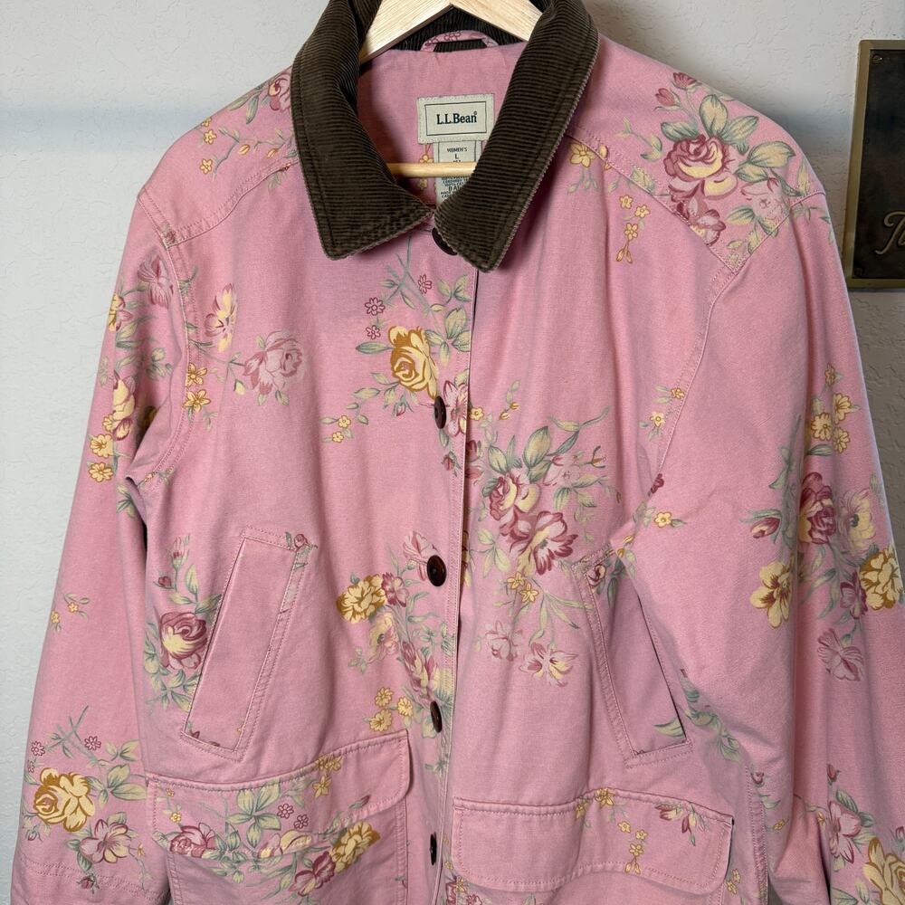 L.L. Bean Pink Floral Jacket with Brown Collar
